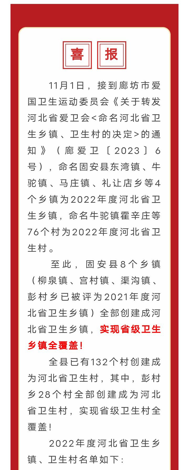 喜报！固安县多个村庄被评为省级卫生乡镇！看看有你们村吗？5536 作者:峰华花园 帖子ID:259426 喜报,实现,河北省,卫生,乡镇