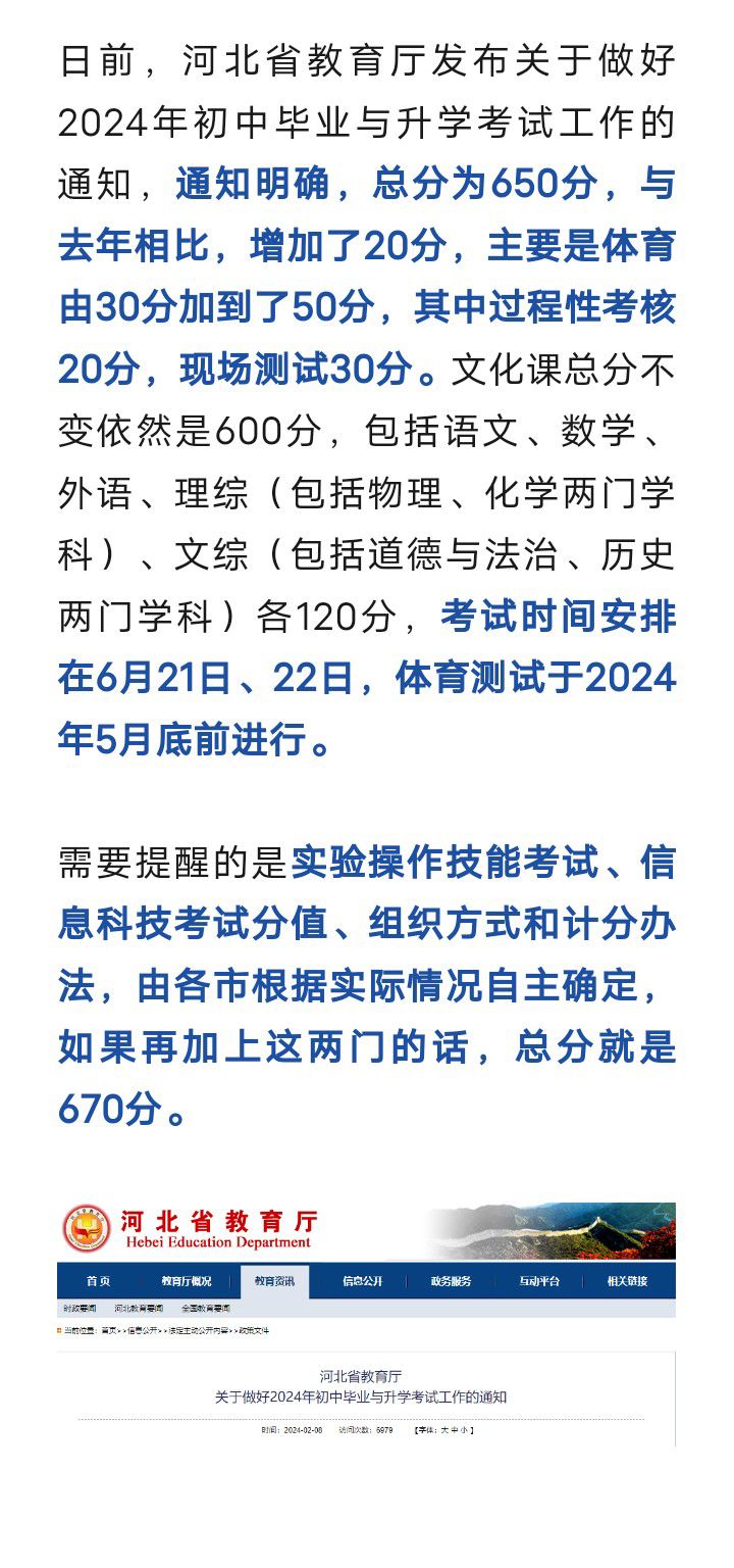 固安人速看！总分增加20分！河北省2024年中考安排公布5815 作者:峰华花园 帖子ID:285466 固安人,总分,增加,河北,河北省