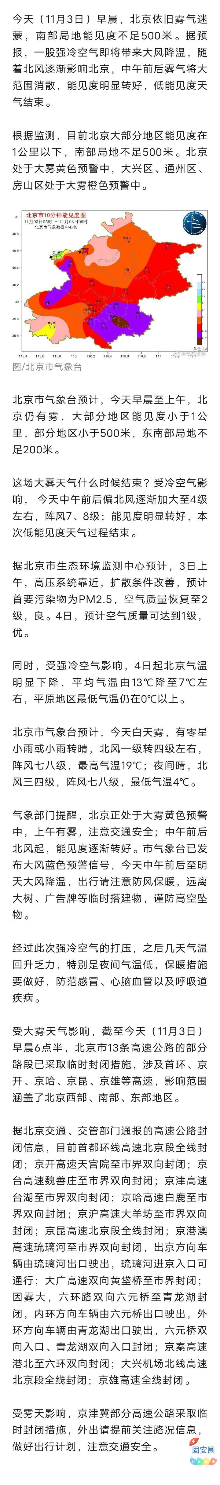 北京13条高速因大雾正封闭，中午前后有风来能见度好转，明起气温明显下降——7987 作者:乁沙漠 帖子ID:362378 