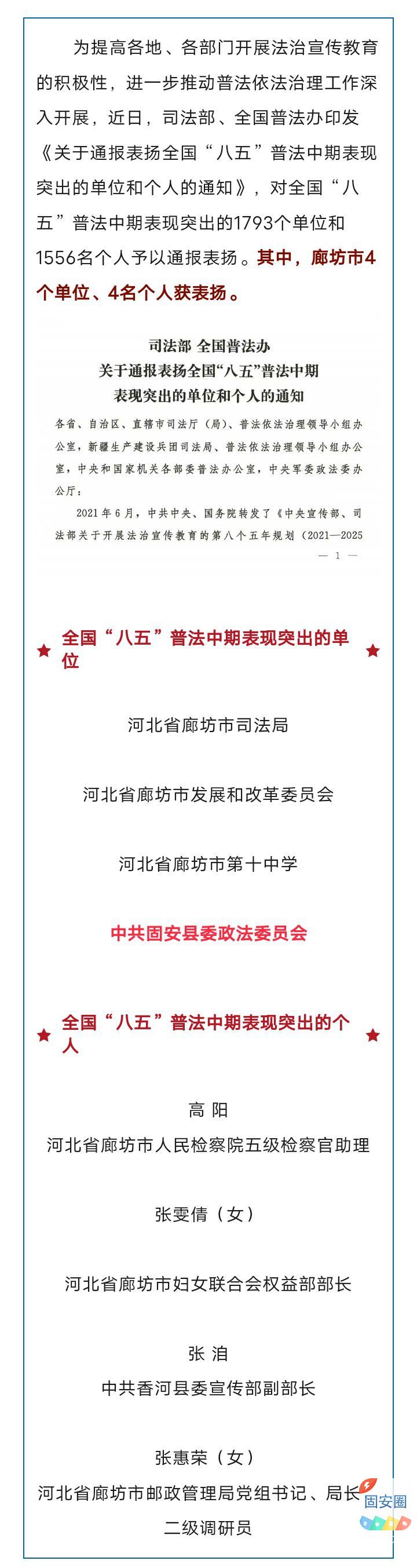 固安1单位获全国通报表扬！673 作者:峰华花园 帖子ID:364975 